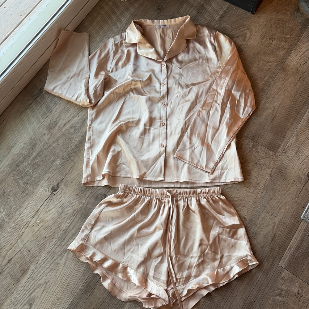 Champagne Silk Satin Pajama Set - Cream